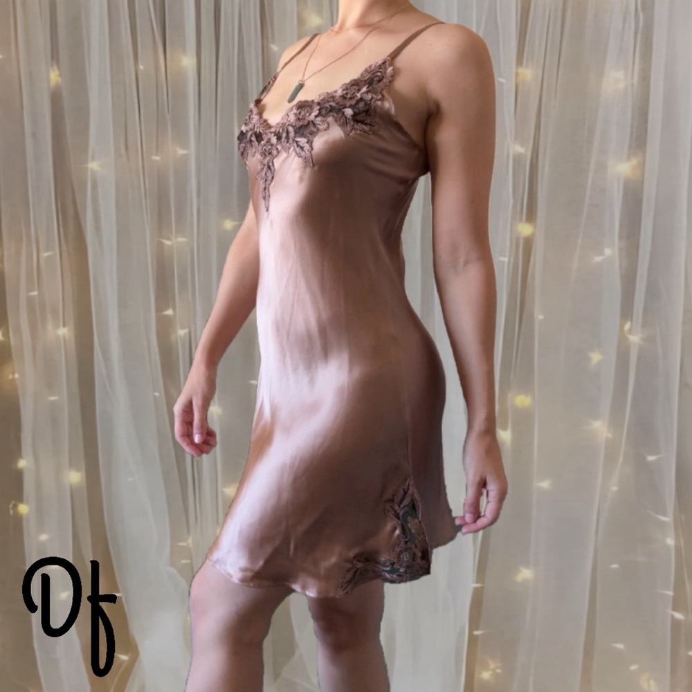 100% Silk Brown Lace Slip Dress Size M-L